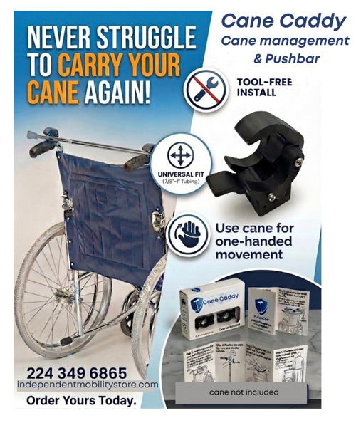 Cane Caddy cane management kit for wheelchair users.